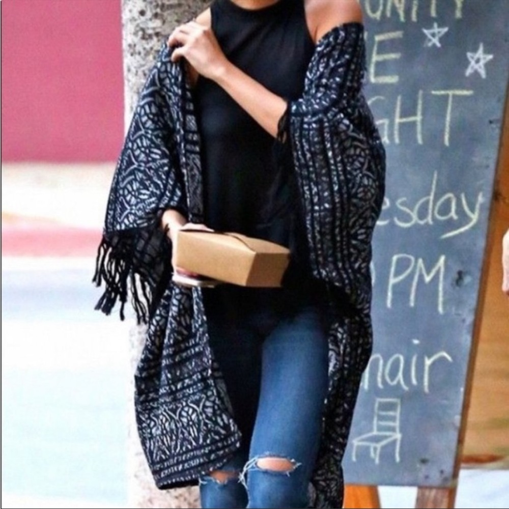 Free People Black Pattern Fringe Kimono Cardigan